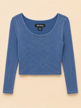 Wild Fable Blue Ribbed Scoop-Neck Long Sleeve Crop Top